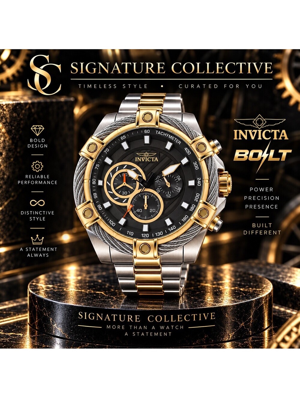 Invicta Bolt Ace Men's Watch Quartz Chronograph Gold Silver Black Steel 49748 ‼️